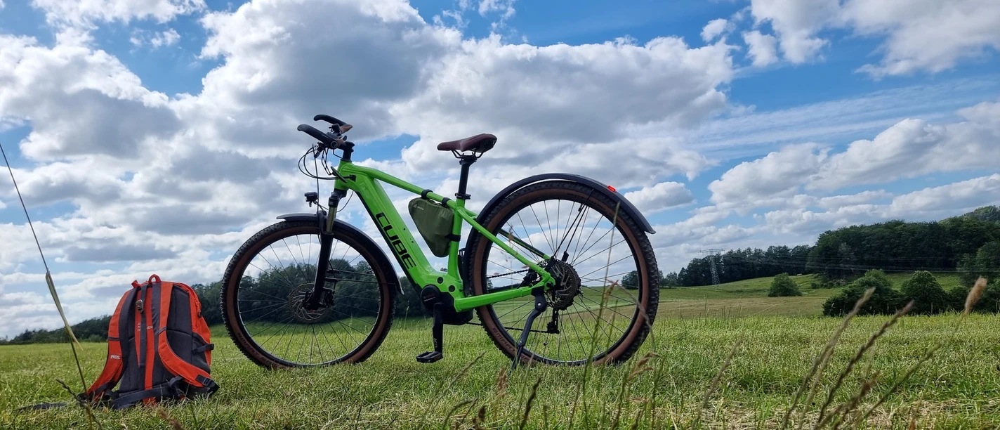 Grünes Fahrrad und roter Rucksack auf Wiese vor bewölktem Himmel.