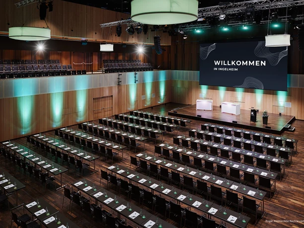 kING Culture and Congress Hall - Large Hall Large hall of the congress hall in browenn tones with parliamtary seating and podium with screen.