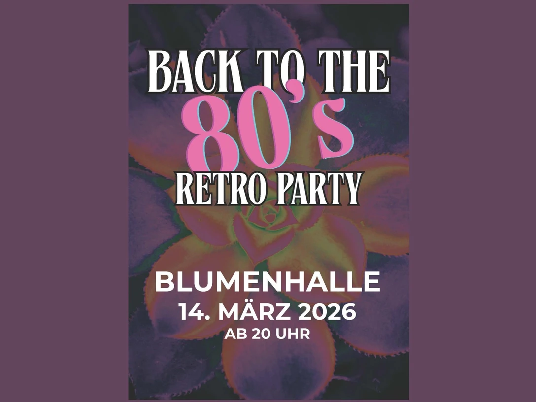 80er Party 1920x1080.jpg Plakat zur 80er-Jahre Retro Party am 14. März 2026 in der Blumenhalle Wiesmoor.