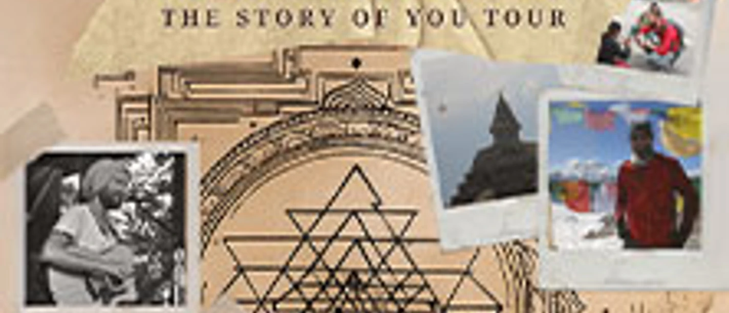 Collage aus Tourtitel, geometrischem Muster und Polaroidfotos mit Landschaften und Menschen