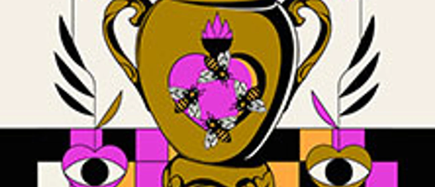 Bunter Tour-Poster mit goldener Vase, grafischen Augen und Schrift zu Sixpence None the Richer