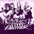 Lila Rockposter mit vier Musikerposen und großem Steel Panther Schriftzug