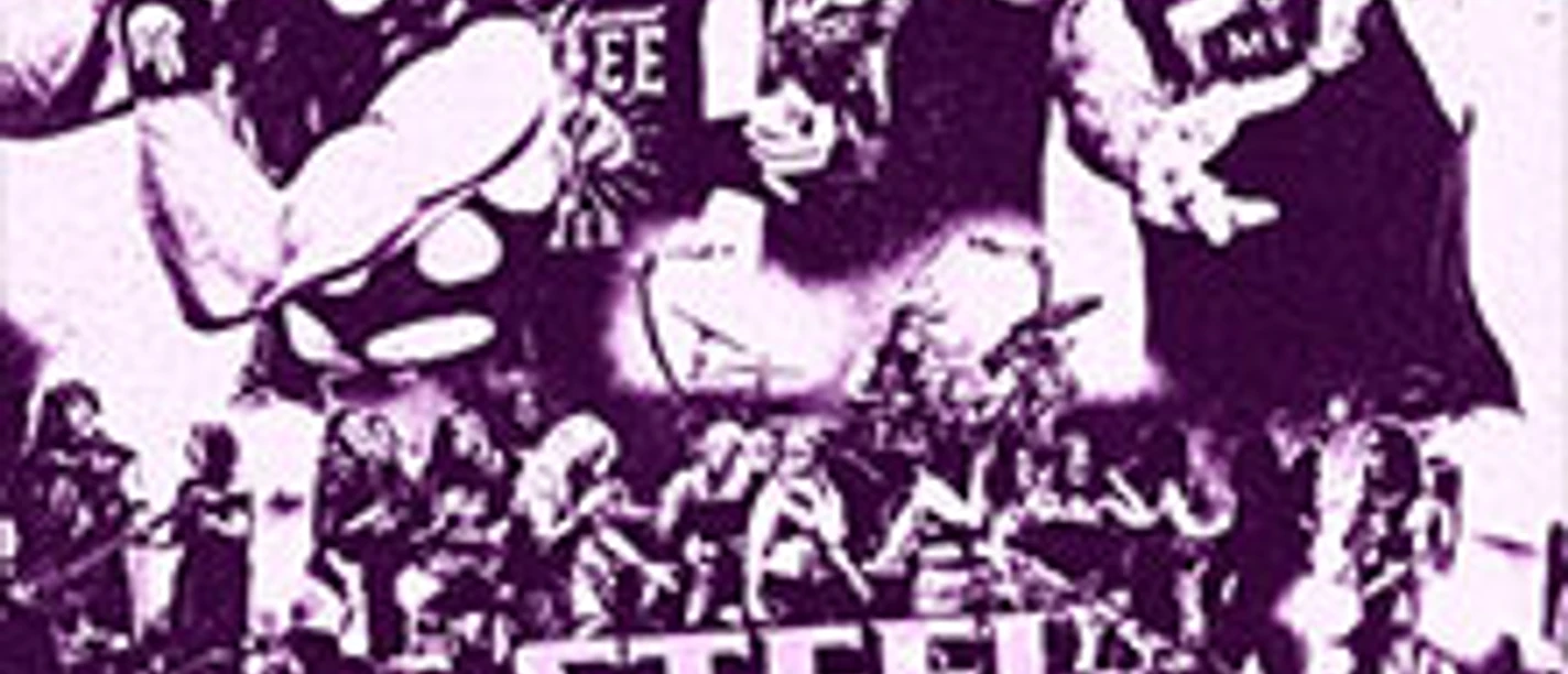 Lila Rockposter mit vier Musikerposen und großem Steel Panther Schriftzug