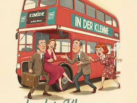 In der Klemme.jpg Karikatur eines roten Doppeldeckerbusses mit vier streitenden Figuren vor dem Einstieg