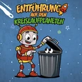 Kreislaufplanet Comic-Roboter hebt den Deckel einer Tonne an, darunter schauen große Augen hervor.