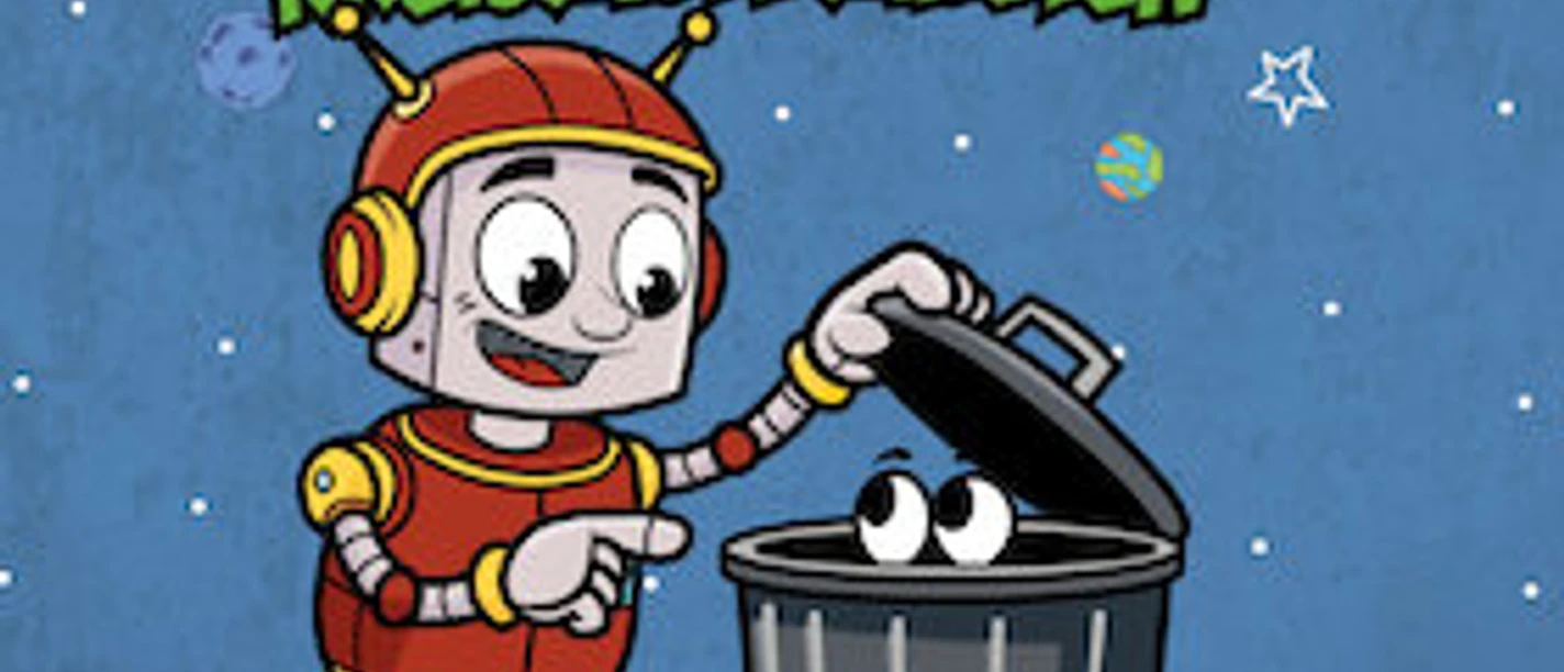 Kreislaufplanet Comic-Roboter hebt den Deckel einer Tonne an, darunter schauen große Augen hervor.