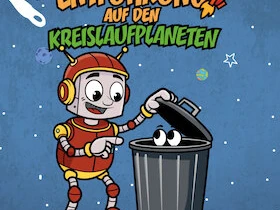 Kreislaufplanet Comic-Roboter hebt den Deckel einer Tonne an, darunter schauen große Augen hervor.
