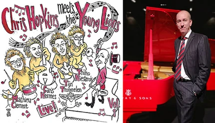 Chris Hopkins Young Lions Illustration einer Jazzband links, rechts ein Mann im Anzug neben einem roten Flügel.