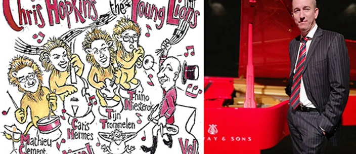 Chris Hopkins Young Lions Illustration einer Jazzband links, rechts ein Mann im Anzug neben einem roten Flügel.