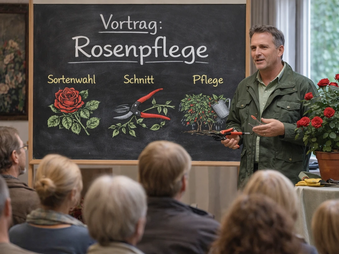 Rosenpflege Mann erklärt vor Tafel zu Rosenpflege einer sitzenden Gruppe mit Werkzeug und Rosenstock