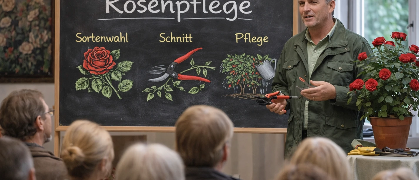 Rosenpflege Mann erklärt vor Tafel zu Rosenpflege einer sitzenden Gruppe mit Werkzeug und Rosenstock