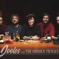 Jooles_TheHiddenTracks (c) Matthias Spirat.jpg Sieben Bandmitglieder sitzen nebeneinander an einem Tisch mit Getränken. Hinter ihnen ein dunkler Raum mit Kaminfeuer.