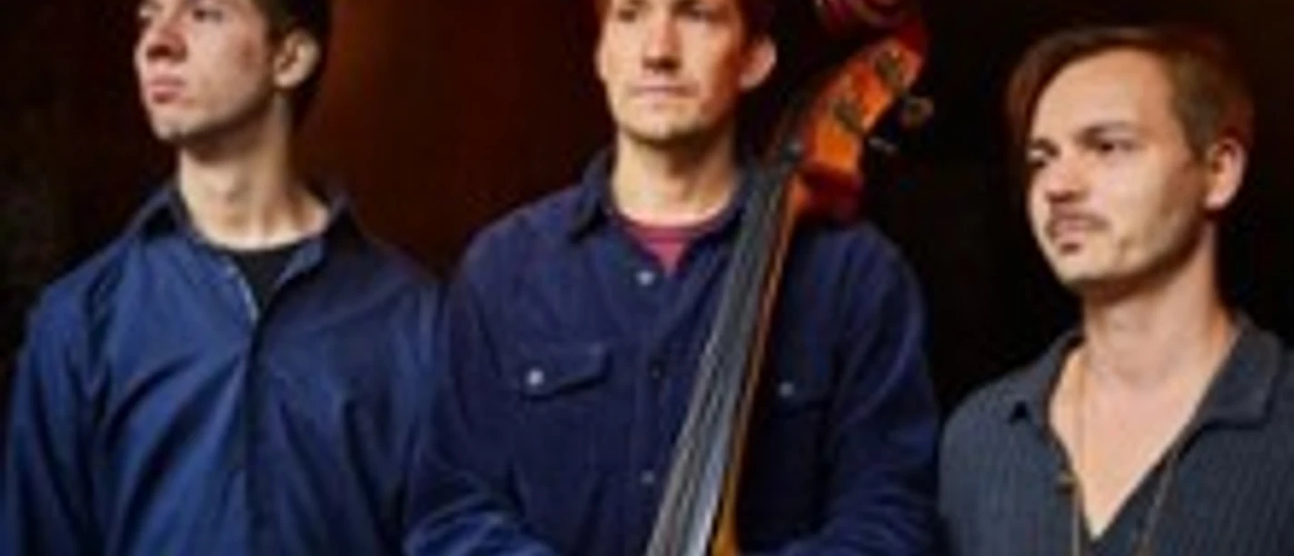 Drei Musiker stehen nebeneinander, einer hält einen Kontrabass, alle blicken zur Seite.