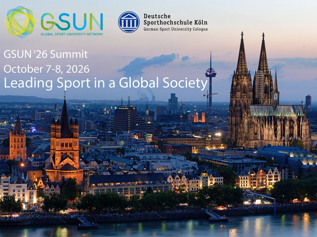 Plakat zur Veranstaltung GSUN 26 Summit der Deutschen Sporthochschule Köln mit dem Kölner Dom, der Altstadt und dem Rhein als HintergrundPoster for the GSUN 26 Summit event at the German Sport University Cologne with Cologne Cathedral, the old town and the Rhine as a backdrop