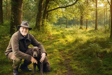 Waldpädoge Martin Jonas Ein Mann mit braunem Hund auf moosigem Waldweg im Sonnenlicht, Naturerlebnis im Ahlenmoor.