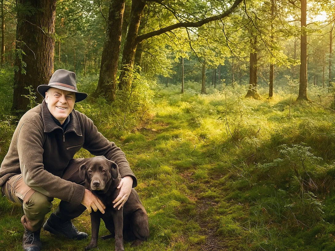 Waldpädoge Martin Jonas Ein Mann mit braunem Hund auf moosigem Waldweg im Sonnenlicht, Naturerlebnis im Ahlenmoor.