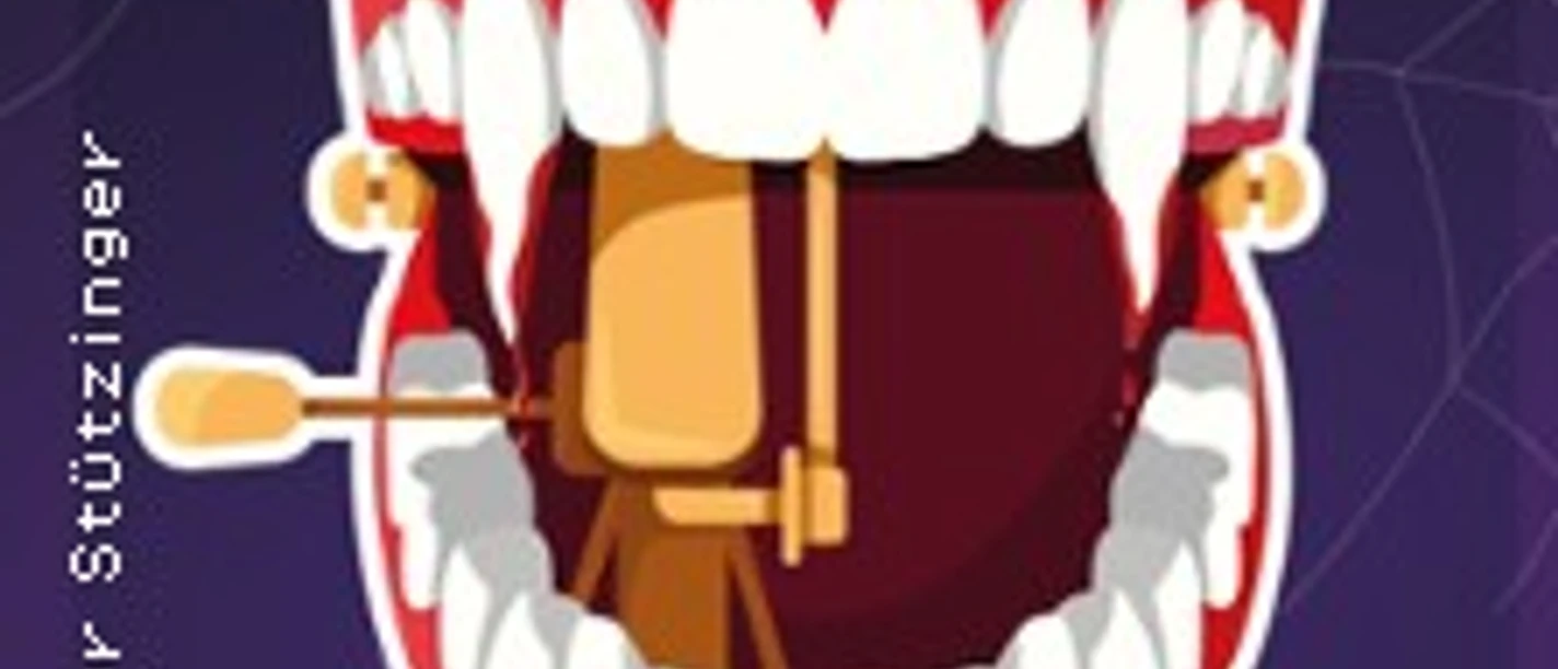 Breit aufgerissener Cartoon-Mund mit sichtbarer Bühne und roten Lippen auf dunklem Hintergrund