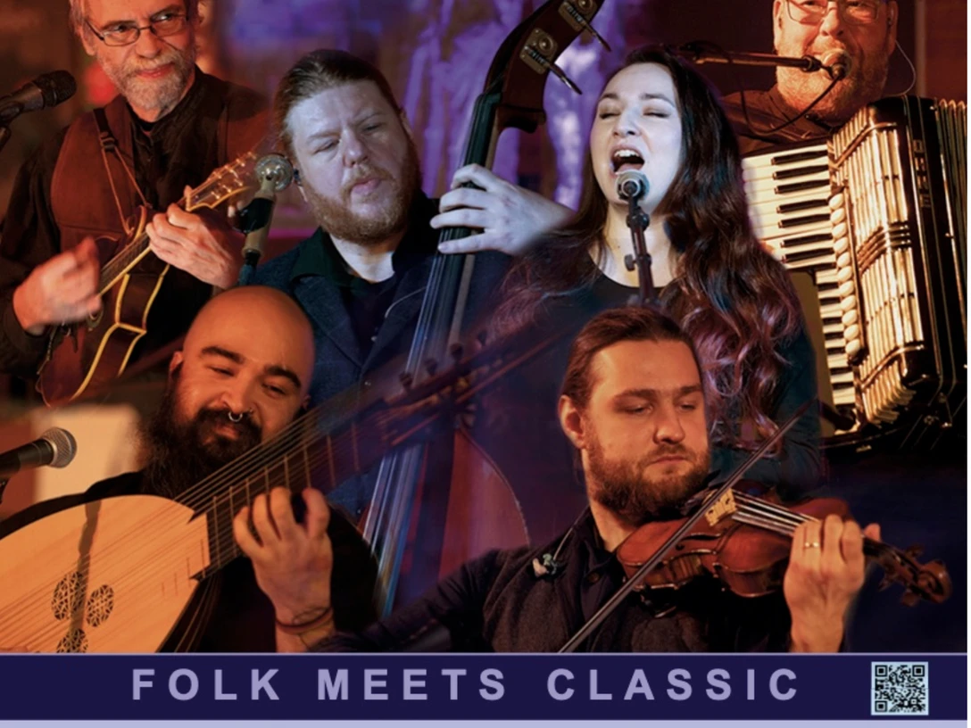 Lüchterkark.jpg Ein buntes Plakat mit sechs Musiker mit Akkordeon, Geige, Contrabass, und anderen Gitarrenverwandten Instrumente, mit Angabe der Veranstaltung am Sa. 31.01.2026 um 19:30 Uhr, Eintritt 30,00 EUR, VVK 28,00 EUR in der Hoffnungskirche in Rhauderfehn, Untende 3, 26817 Rhauderfehn, Folk-Meets-Classic.