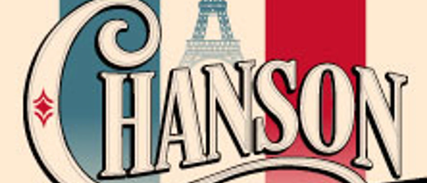 Plakat mit französischen Farben, Eiffelturm, Schrift Chanson und Namen Aznavour, Piaf, Brel.