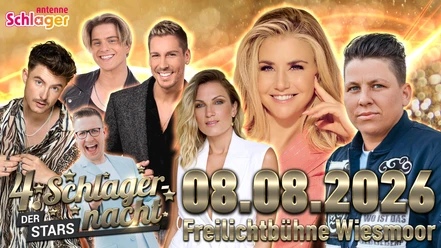 4._Schlagernnacht_Event-Header.jpg Mehrere Schlagersängerinnen und Schlagersänger vor goldenem Hintergrund mit Datum 08.08.2026