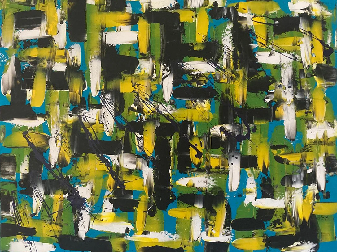 Heinz-Josef Laing Abstraktes Gemälde mit dynamischen Pinselstrichen in Gelb, Schwarz, Weiß und Grün auf blauem Grund.