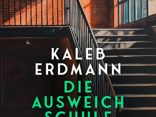 Die Ausweichschule Buchtitel mit Treppenhaus aus Backstein, Lichtspiel auf Stufen, Aufschrift „Die Ausweichschule“.