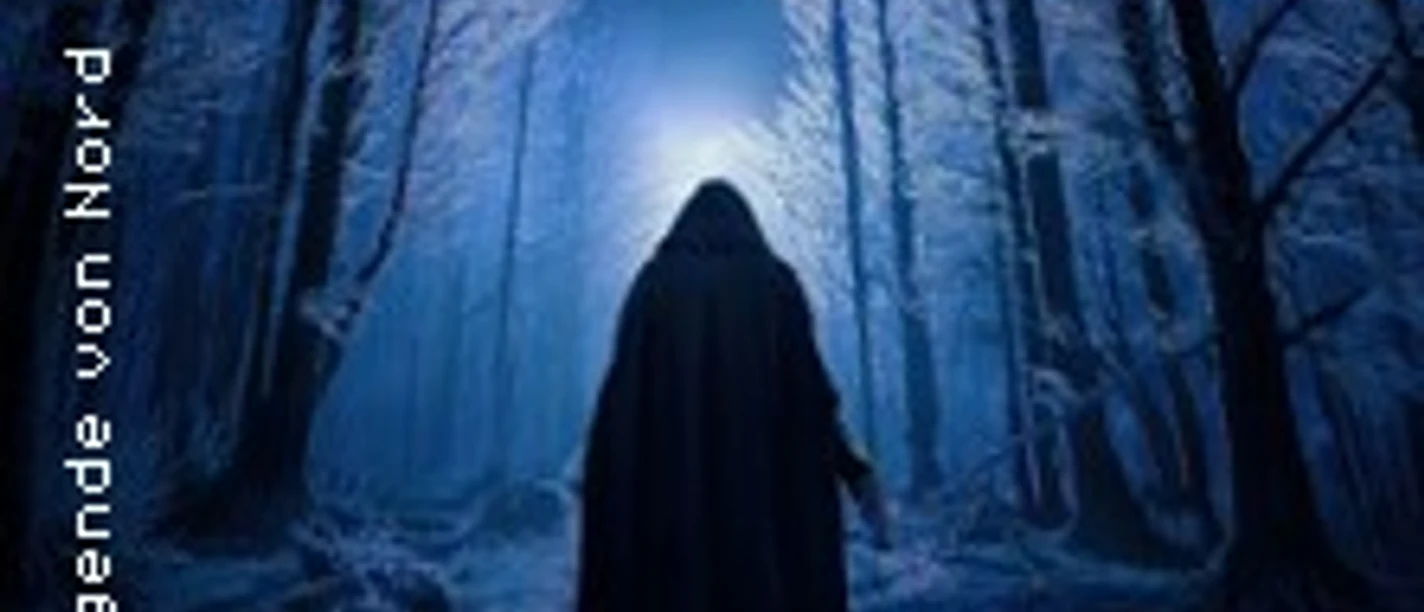 Dunkle Gestalt in verschneitem Wald vor hellem Licht, umgeben von vereisten Bäumen.