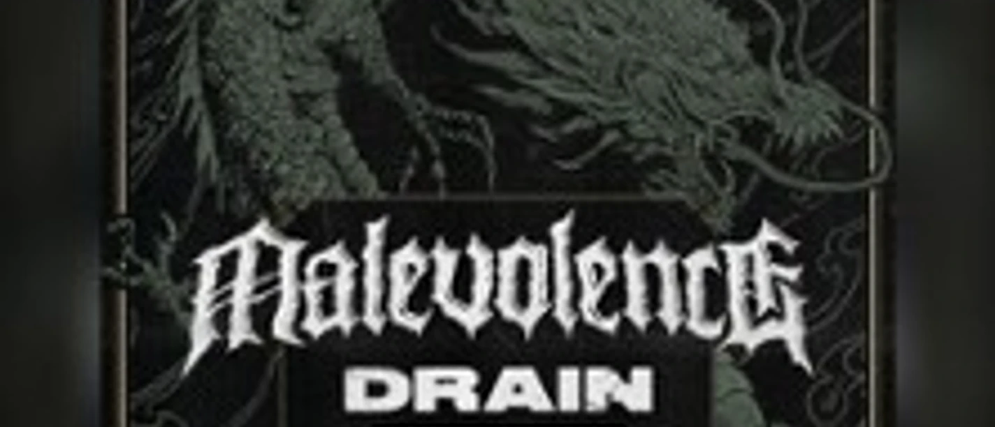 dunkles Konzertposter mit stilisiertem Drachen und den Bandnamen Malevolence, Drain, Harms Way