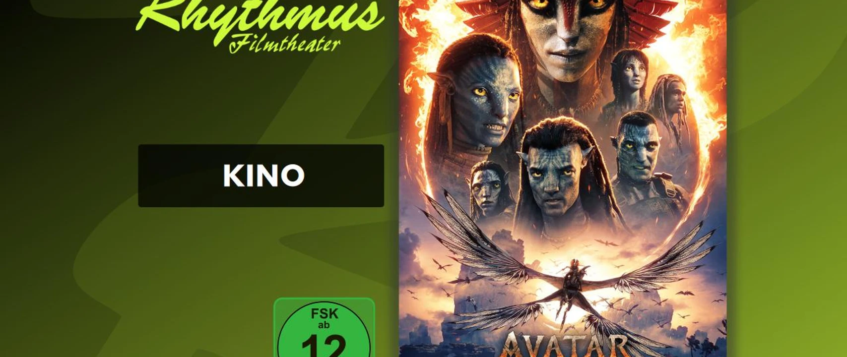 Filmplakat mit Na'vi‑Figuren, brennendem Kreis und fliegender Kreatur zu Avatar: Fire and Ash
