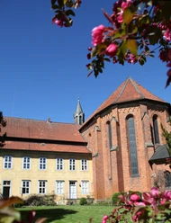 Kloster Mariensee Backsteinbau des Klosters Mariensee mit gelbem Konventgebäude, Garten und blühenden Zweigen im Vordergrund.
