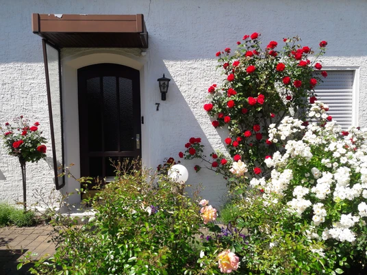 Eingangsbereich mit dunkler Tür, Rankrosen in Rot und Weiß sowie dichtem Blumenschmuck.