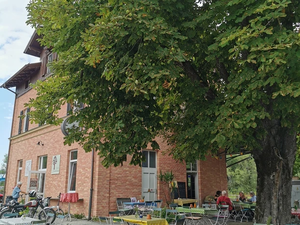 Café Schaffner Großer Baum mit Tischen vor rotem Haus. Gäste genießen Pausen im Freien.
