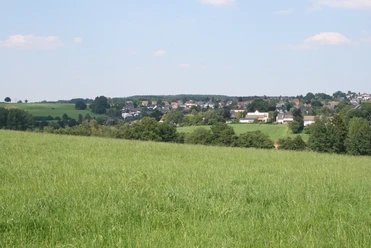 Landschaft - Blick vom Eicken Blick auf ein Dorf am Horizont. Im Vordergrund eine saftig grüne Wiese und Baumgruppen. Der Himmel ist hellblau mit wenigen weißen Wolken.