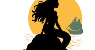 Die kleine Meerjungfrau Silhouette einer Meerjungfrau vor untergehender Sonne mit einem Segelschiff im Hintergrund