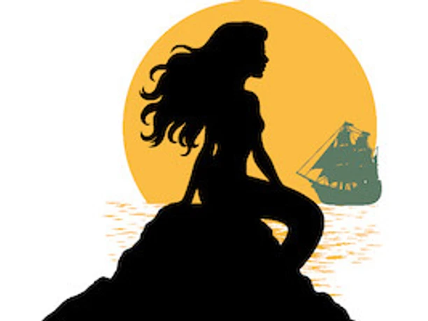 Die kleine Meerjungfrau Silhouette einer Meerjungfrau vor untergehender Sonne mit einem Segelschiff im Hintergrund