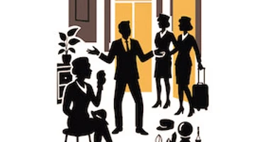 Boeing Boeing Silhouetten von einem Mann und drei Frauen in einem Raum, eine davon mit Koffer am Eingang