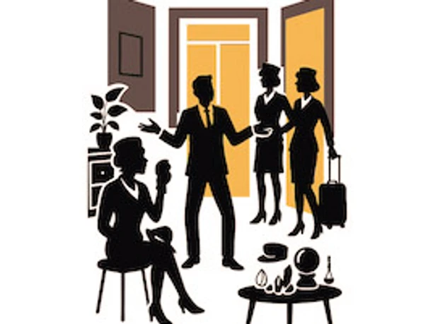 Boeing Boeing Silhouetten von einem Mann und drei Frauen in einem Raum, eine davon mit Koffer am Eingang