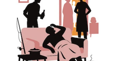 Männergrippe Illustration eines kranken Mannes auf dem Sofa, umgeben von stehenden Personen.