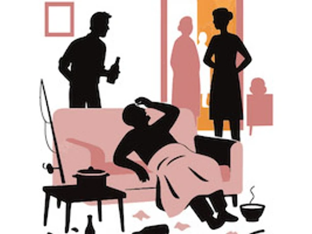 Männergrippe Illustration eines kranken Mannes auf dem Sofa, umgeben von stehenden Personen.