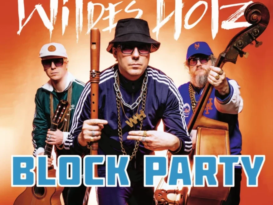 Wildes Holz Drei Musiker in Hip-Hop-Look mit Gitarre, Flöte und Kontrabass vor orangefarbenem Hintergrund