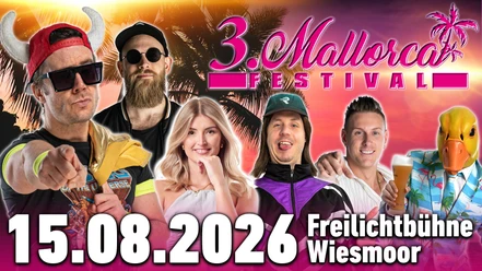 3. Mallorca Festival.jpg Bunte Festivalwerbung mit Künstlern vor Palmenkulisse, Datum 15.08.2026, Freilichtbühne Wiesmoor