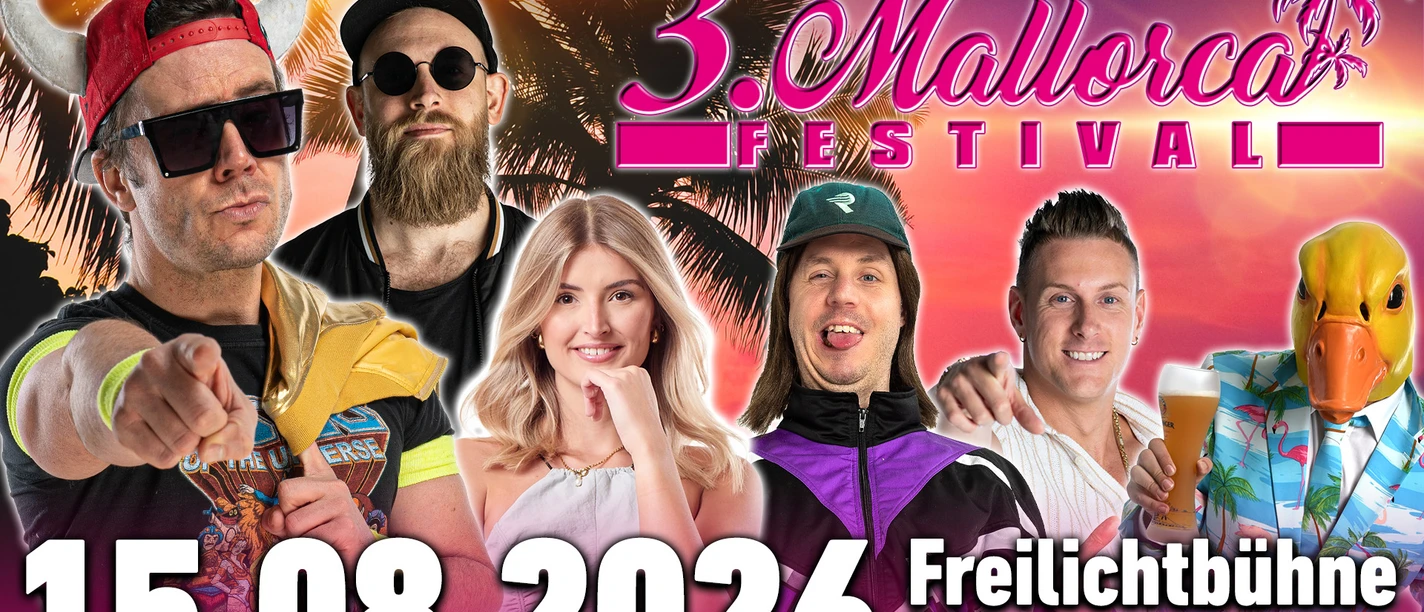 3. Mallorca Festival.jpg Bunte Festivalwerbung mit Künstlern vor Palmenkulisse, Datum 15.08.2026, Freilichtbühne Wiesmoor