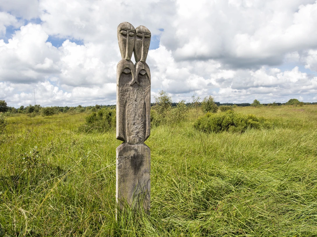 Ahlenmoor Totem Holzskulptur mit abstrakten Vogelfiguren im weiten, grünen Moor unter einem bewegten Wolkenhimmel.