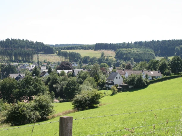 Blick auf Rönsahl Blick auf Rönsahl von oben. Im Vorgrund Wiese. Im Tal eine Häuseransammlung von Rönsahl. Am Horizont Wälder und Felder. Der Himmel ist weiß.