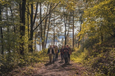 Bergische Wanderwochen Wandernde in einem Laubwald, dahinter glänzt ein See durch die Bäume.