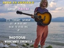 Person mit Gitarre am Seeufer, umgeben von Konzertinfos in farbiger Schrift.