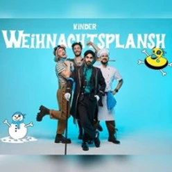 Vier verkleidete Personen vor blauem Hintergrund mit Schrift Kinder Weihnachtssplansch