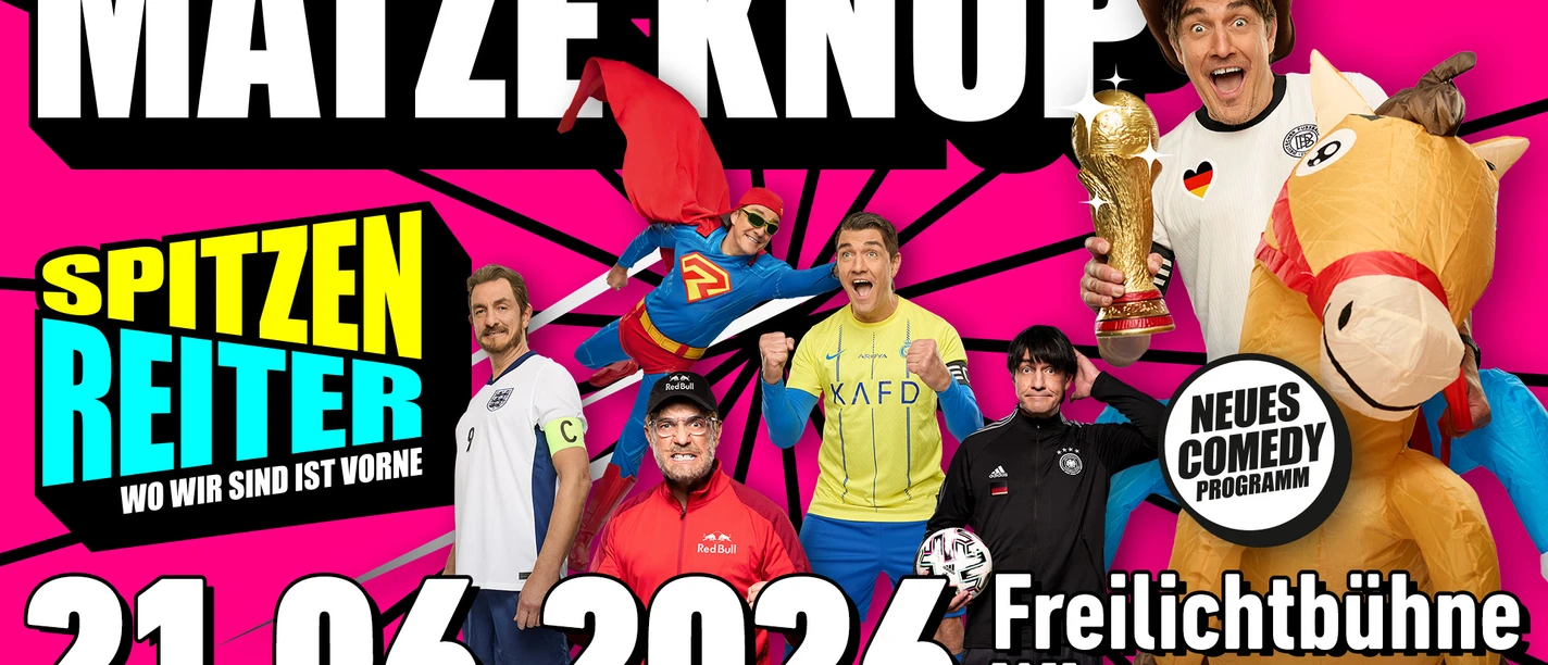 Matze Knop.jpg Mehrere Figuren von Matze Knop in bunten Comedy-Kostümen vor pinkem Hintergrund mit Programmtitel