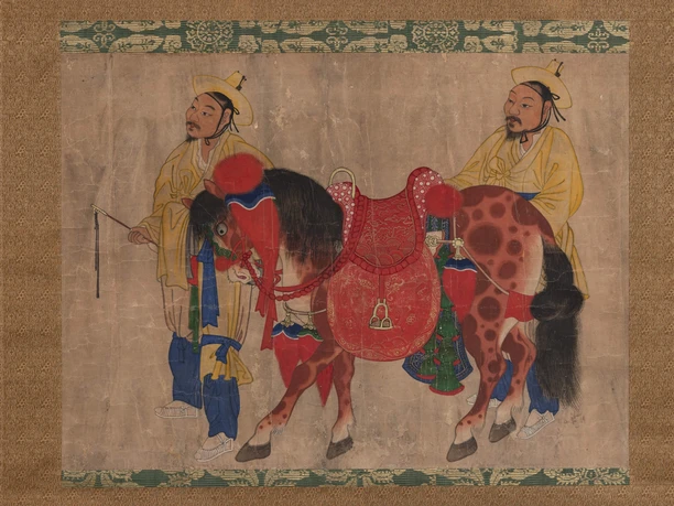 Horse with two scholars Two people in yellow robes next to a richly decorated horse in a historical painting