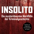 Buchcover "Insolito" Rotes Buchcover mit Titel Insolito, dunklen Bluttropfen und stilisiertem ErmittlerlogoRed book cover with Insolito title, dark drops of blood and stylized investigator logo
